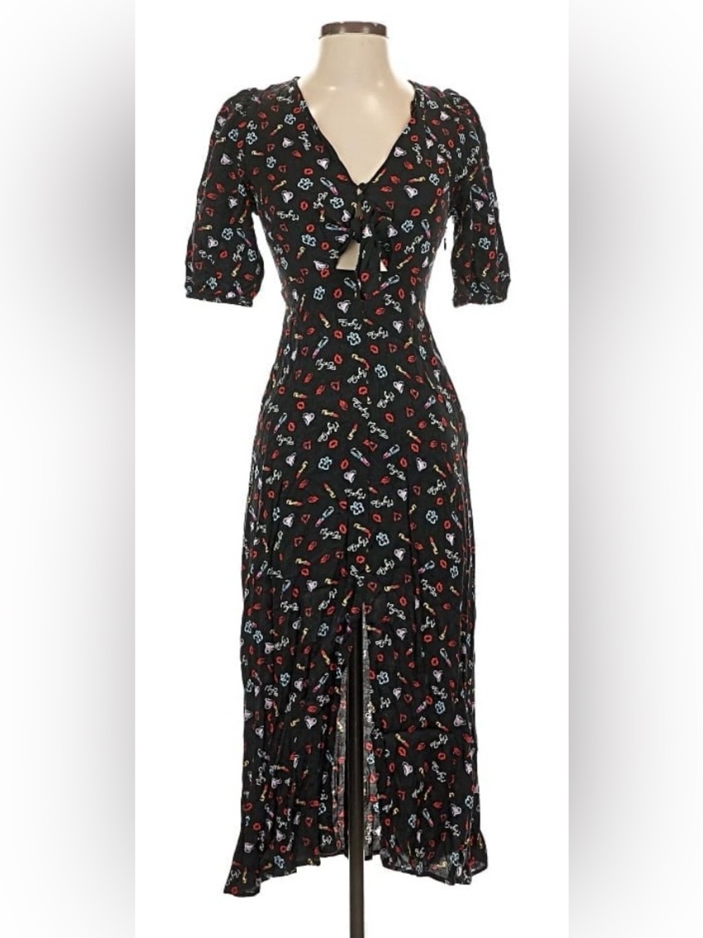 Maje Black Maxi Dress with Red and White Floral Print